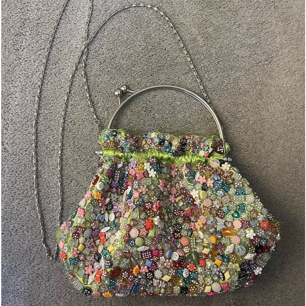 VINTAGE Handmade 1990s La Viola CELESTIAL 7"x10" Crossbody Chain with Kiss Lock